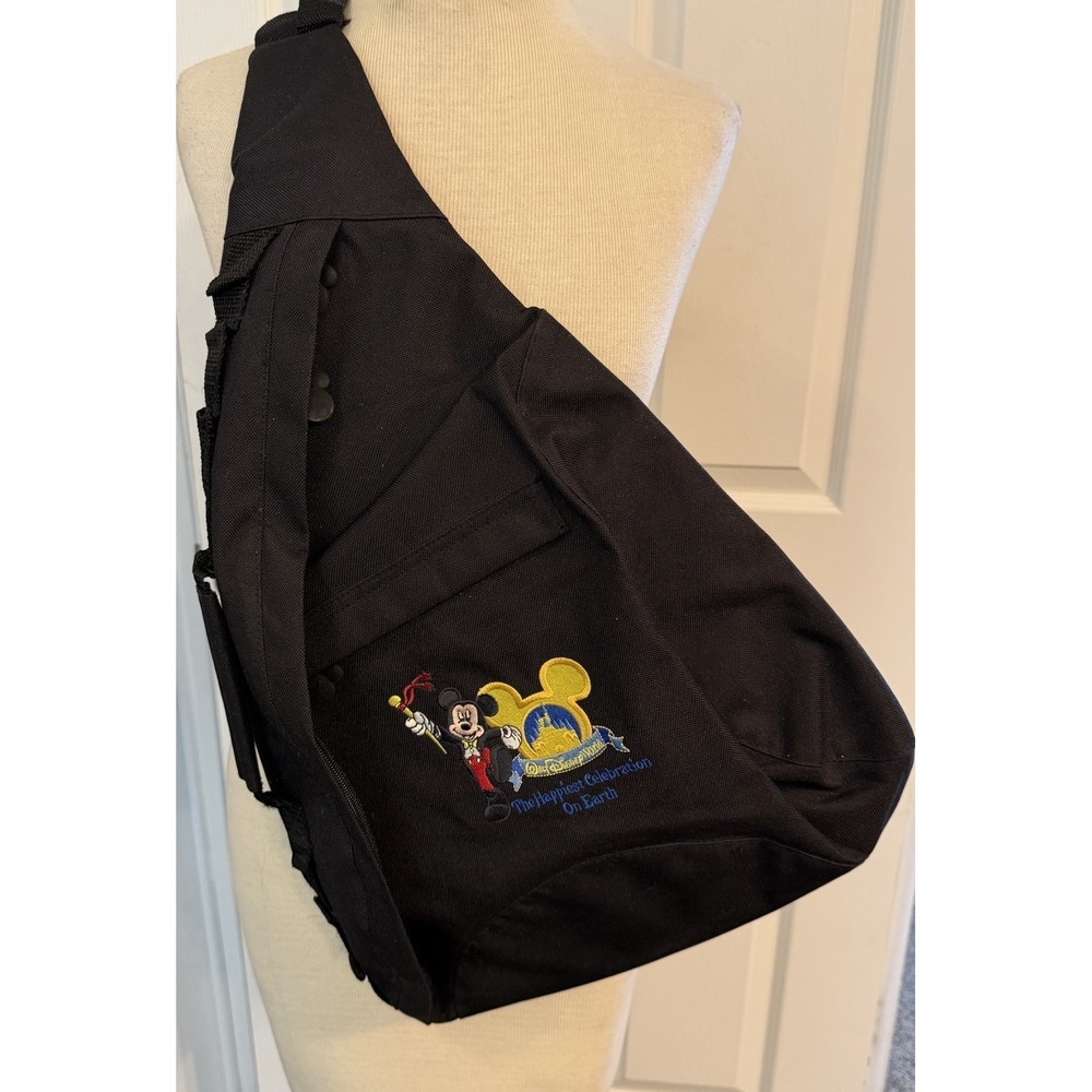 DISNEY WORLD Sling Backpack 2005 Embroidered MICKEY HAPPIEST CELEBRATION Ear Zip